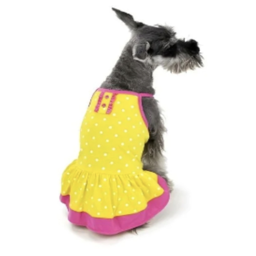 🌻 Vibrant Life Yellow Pink White Polka Dot Toy Yorkie Size Dog Dress XXS